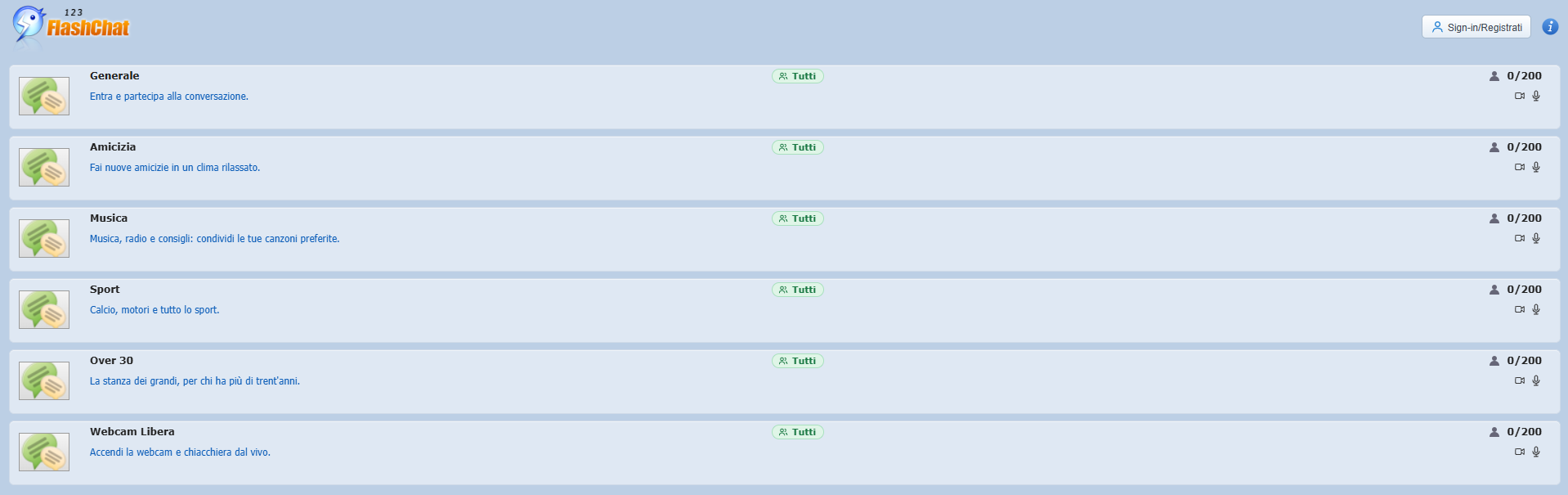 Elenco delle stanze di 123FlashChat Italia